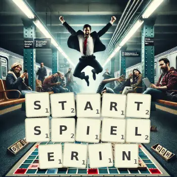 Kreative Illustration für ein Scrabble-Spiel, bei dem das Wort STARTSPIELERIN mit Steinen auf dem Brett gelegt wurde.