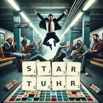 Kreative Illustration für ein Scrabble-Spiel, bei dem das Wort STARTUHR mit Steinen auf dem Brett gelegt wurde.