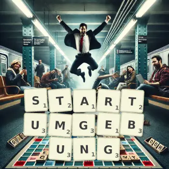 Kreative Illustration für ein Scrabble-Spiel, bei dem das Wort STARTUMGEBUNG mit Steinen auf dem Brett gelegt wurde.