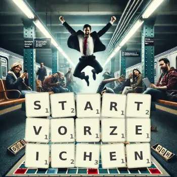 Kreative Illustration für ein Scrabble-Spiel, bei dem das Wort STARTVORZEICHEN mit Steinen auf dem Brett gelegt wurde.