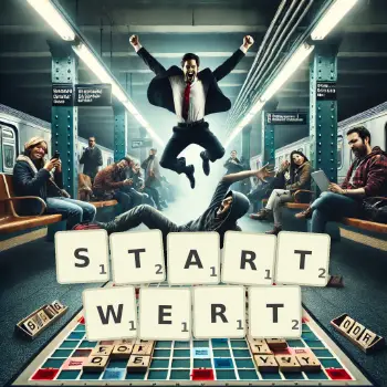 Kreative Illustration für ein Scrabble-Spiel, bei dem das Wort STARTWERT mit Steinen auf dem Brett gelegt wurde.