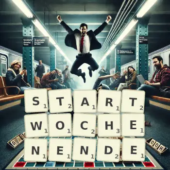 Kreative Illustration für ein Scrabble-Spiel, bei dem das Wort STARTWOCHENENDE mit Steinen auf dem Brett gelegt wurde.