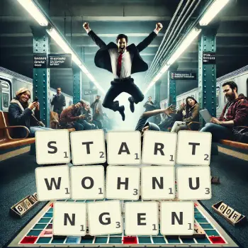 Kreative Illustration für ein Scrabble-Spiel, bei dem das Wort STARTWOHNUNGEN mit Steinen auf dem Brett gelegt wurde.