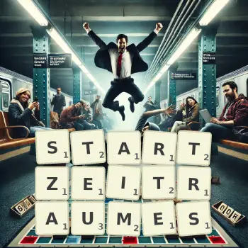 Kreative Illustration für ein Scrabble-Spiel, bei dem das Wort STARTZEITRAUMES mit Steinen auf dem Brett gelegt wurde.