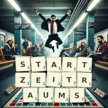 Kreative Illustration für ein Scrabble-Spiel, bei dem das Wort STARTZEITRAUMS mit Steinen auf dem Brett gelegt wurde.