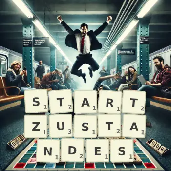 Kreative Illustration für ein Scrabble-Spiel, bei dem das Wort STARTZUSTANDES mit Steinen auf dem Brett gelegt wurde.