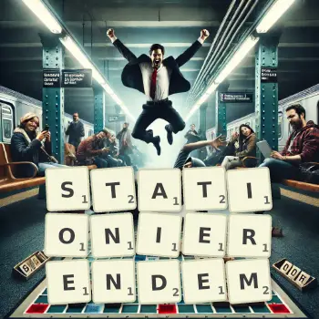 Kreative Illustration für ein Scrabble-Spiel, bei dem das Wort STATIONIERENDEM mit Steinen auf dem Brett gelegt wurde.