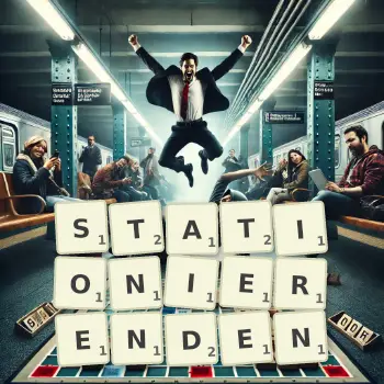Kreative Illustration für ein Scrabble-Spiel, bei dem das Wort STATIONIERENDEN mit Steinen auf dem Brett gelegt wurde.