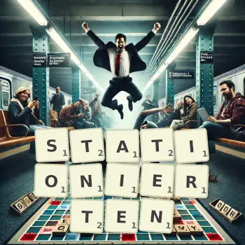 Kreative Illustration für ein Scrabble-Spiel, bei dem das Wort STATIONIERTEN mit Steinen auf dem Brett gelegt wurde.