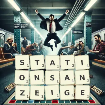 Kreative Illustration für ein Scrabble-Spiel, bei dem das Wort STATIONSANZEIGE mit Steinen auf dem Brett gelegt wurde.