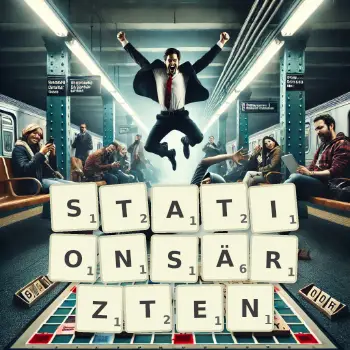 Kreative Illustration für ein Scrabble-Spiel, bei dem das Wort STATIONSÄRZTEN mit Steinen auf dem Brett gelegt wurde.