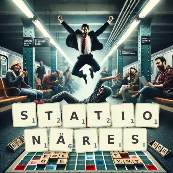Kreative Illustration für ein Scrabble-Spiel, bei dem das Wort STATIONÄRES mit Steinen auf dem Brett gelegt wurde.