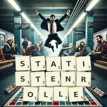 Kreative Illustration für ein Scrabble-Spiel, bei dem das Wort STATISTENROLLE mit Steinen auf dem Brett gelegt wurde.
