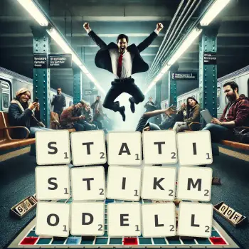 Kreative Illustration für ein Scrabble-Spiel, bei dem das Wort STATISTIKMODELL mit Steinen auf dem Brett gelegt wurde.