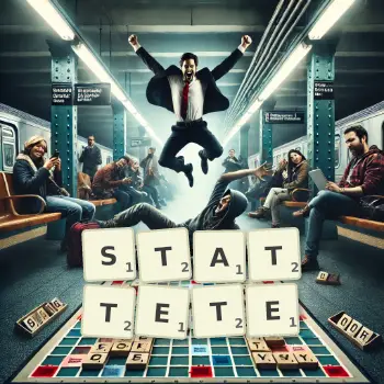Kreative Illustration für ein Scrabble-Spiel, bei dem das Wort STATTETE mit Steinen auf dem Brett gelegt wurde.