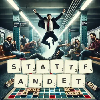 Kreative Illustration für ein Scrabble-Spiel, bei dem das Wort STATTFANDET mit Steinen auf dem Brett gelegt wurde.