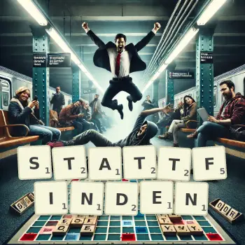 Kreative Illustration für ein Scrabble-Spiel, bei dem das Wort STATTFINDEN mit Steinen auf dem Brett gelegt wurde.
