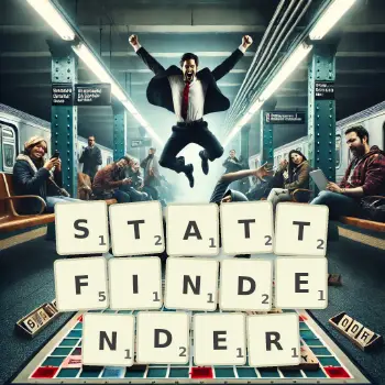 Kreative Illustration für ein Scrabble-Spiel, bei dem das Wort STATTFINDENDER mit Steinen auf dem Brett gelegt wurde.