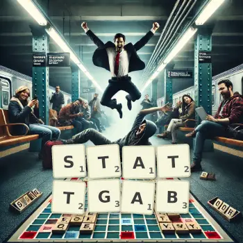 Kreative Illustration für ein Scrabble-Spiel, bei dem das Wort STATTGAB mit Steinen auf dem Brett gelegt wurde.