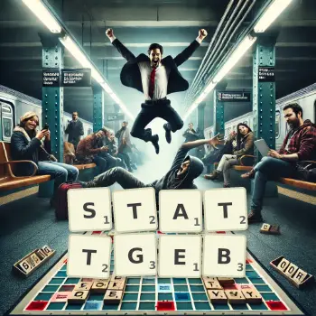 Kreative Illustration für ein Scrabble-Spiel, bei dem das Wort STATTGEB mit Steinen auf dem Brett gelegt wurde.