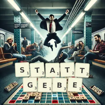 Kreative Illustration für ein Scrabble-Spiel, bei dem das Wort STATTGEBE mit Steinen auf dem Brett gelegt wurde.