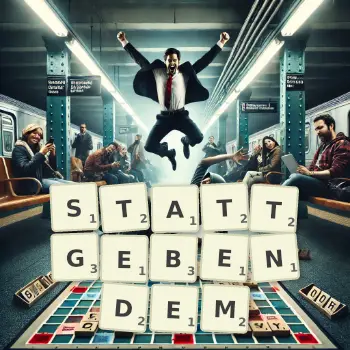 Kreative Illustration für ein Scrabble-Spiel, bei dem das Wort STATTGEBENDEM mit Steinen auf dem Brett gelegt wurde.