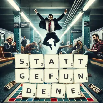 Kreative Illustration für ein Scrabble-Spiel, bei dem das Wort STATTGEFUNDENE mit Steinen auf dem Brett gelegt wurde.