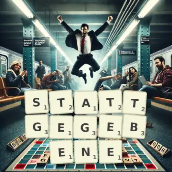 Kreative Illustration für ein Scrabble-Spiel, bei dem das Wort STATTGEGEBENE mit Steinen auf dem Brett gelegt wurde.