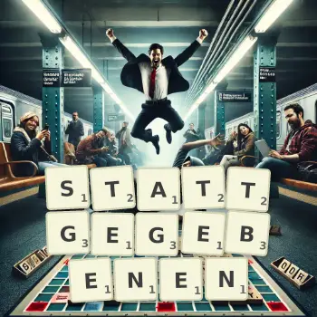 Kreative Illustration für ein Scrabble-Spiel, bei dem das Wort STATTGEGEBENEN mit Steinen auf dem Brett gelegt wurde.
