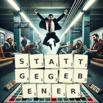 Kreative Illustration für ein Scrabble-Spiel, bei dem das Wort STATTGEGEBENER mit Steinen auf dem Brett gelegt wurde.