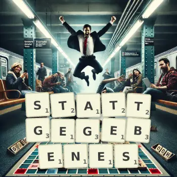 Kreative Illustration für ein Scrabble-Spiel, bei dem das Wort STATTGEGEBENES mit Steinen auf dem Brett gelegt wurde.