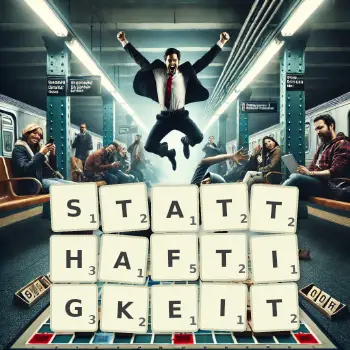 Kreative Illustration für ein Scrabble-Spiel, bei dem das Wort STATTHAFTIGKEIT mit Steinen auf dem Brett gelegt wurde.