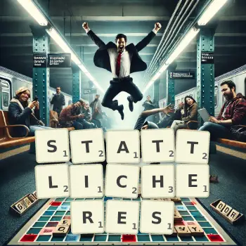 Kreative Illustration für ein Scrabble-Spiel, bei dem das Wort STATTLICHERES mit Steinen auf dem Brett gelegt wurde.