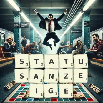 Kreative Illustration für ein Scrabble-Spiel, bei dem das Wort STATUSANZEIGE mit Steinen auf dem Brett gelegt wurde.