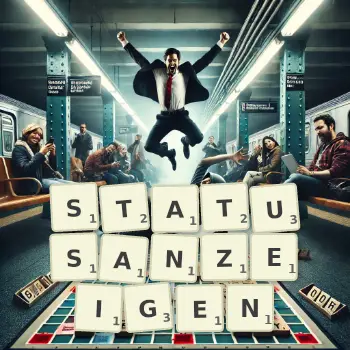 Kreative Illustration für ein Scrabble-Spiel, bei dem das Wort STATUSANZEIGEN mit Steinen auf dem Brett gelegt wurde.