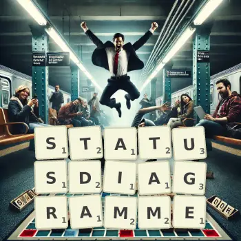 Kreative Illustration für ein Scrabble-Spiel, bei dem das Wort STATUSDIAGRAMME mit Steinen auf dem Brett gelegt wurde.