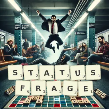 Kreative Illustration für ein Scrabble-Spiel, bei dem das Wort STATUSFRAGE mit Steinen auf dem Brett gelegt wurde.