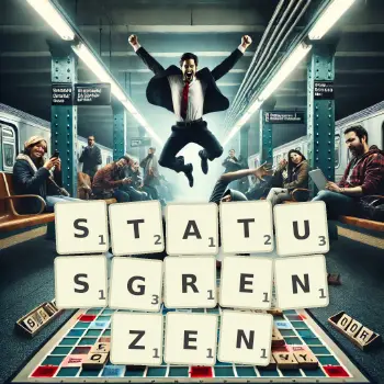 Kreative Illustration für ein Scrabble-Spiel, bei dem das Wort STATUSGRENZEN mit Steinen auf dem Brett gelegt wurde.