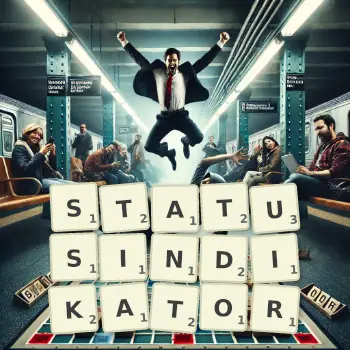 Kreative Illustration für ein Scrabble-Spiel, bei dem das Wort STATUSINDIKATOR mit Steinen auf dem Brett gelegt wurde.