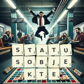 Kreative Illustration für ein Scrabble-Spiel, bei dem das Wort STATUSOBJEKTE mit Steinen auf dem Brett gelegt wurde.