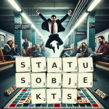 Kreative Illustration für ein Scrabble-Spiel, bei dem das Wort STATUSOBJEKTS mit Steinen auf dem Brett gelegt wurde.