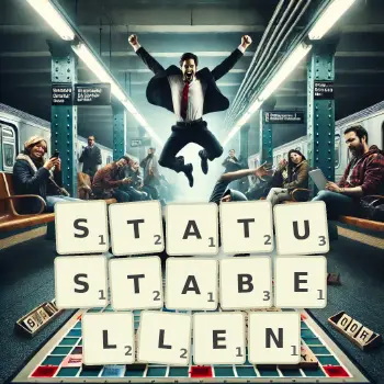 Kreative Illustration für ein Scrabble-Spiel, bei dem das Wort STATUSTABELLEN mit Steinen auf dem Brett gelegt wurde.