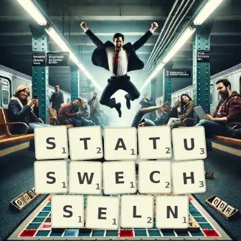 Kreative Illustration für ein Scrabble-Spiel, bei dem das Wort STATUSWECHSELN mit Steinen auf dem Brett gelegt wurde.