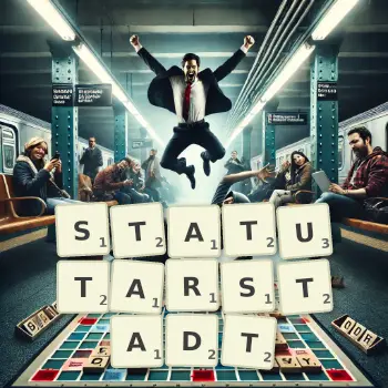 Kreative Illustration für ein Scrabble-Spiel, bei dem das Wort STATUTARSTADT mit Steinen auf dem Brett gelegt wurde.