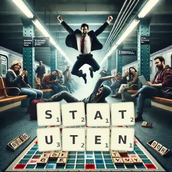 Kreative Illustration für ein Scrabble-Spiel, bei dem das Wort STATUTEN mit Steinen auf dem Brett gelegt wurde.