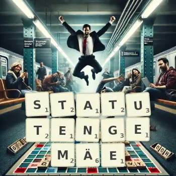 Kreative Illustration für ein Scrabble-Spiel, bei dem das Wort STATUTENGEMÄE mit Steinen auf dem Brett gelegt wurde.