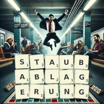 Kreative Illustration für ein Scrabble-Spiel, bei dem das Wort STAUBABLAGERUNG mit Steinen auf dem Brett gelegt wurde.
