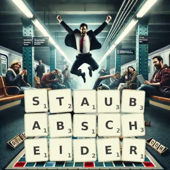 Kreative Illustration für ein Scrabble-Spiel, bei dem das Wort STAUBABSCHEIDER mit Steinen auf dem Brett gelegt wurde.