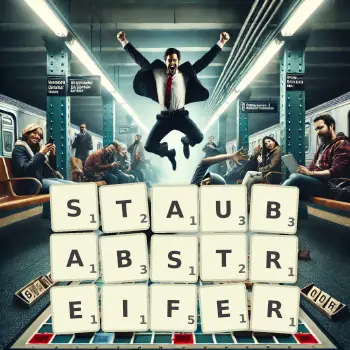 Kreative Illustration für ein Scrabble-Spiel, bei dem das Wort STAUBABSTREIFER mit Steinen auf dem Brett gelegt wurde.