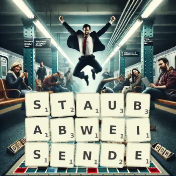 Kreative Illustration für ein Scrabble-Spiel, bei dem das Wort STAUBABWEISENDE mit Steinen auf dem Brett gelegt wurde.